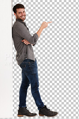 Buy stock photo Leaning on board, man pointing and portrait with marketing, announcement and hipster by a wall. Sale, deal and person show promotion advertising and discount isolated on transparent, png background
