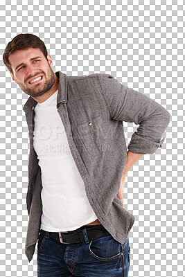 Buy stock photo Man, back and pain of stress, injury and health risk of muscle inflammation isolated on a transparent png background. Uncomfortable male model, spine and worry for bad posture, backache and scoliosis