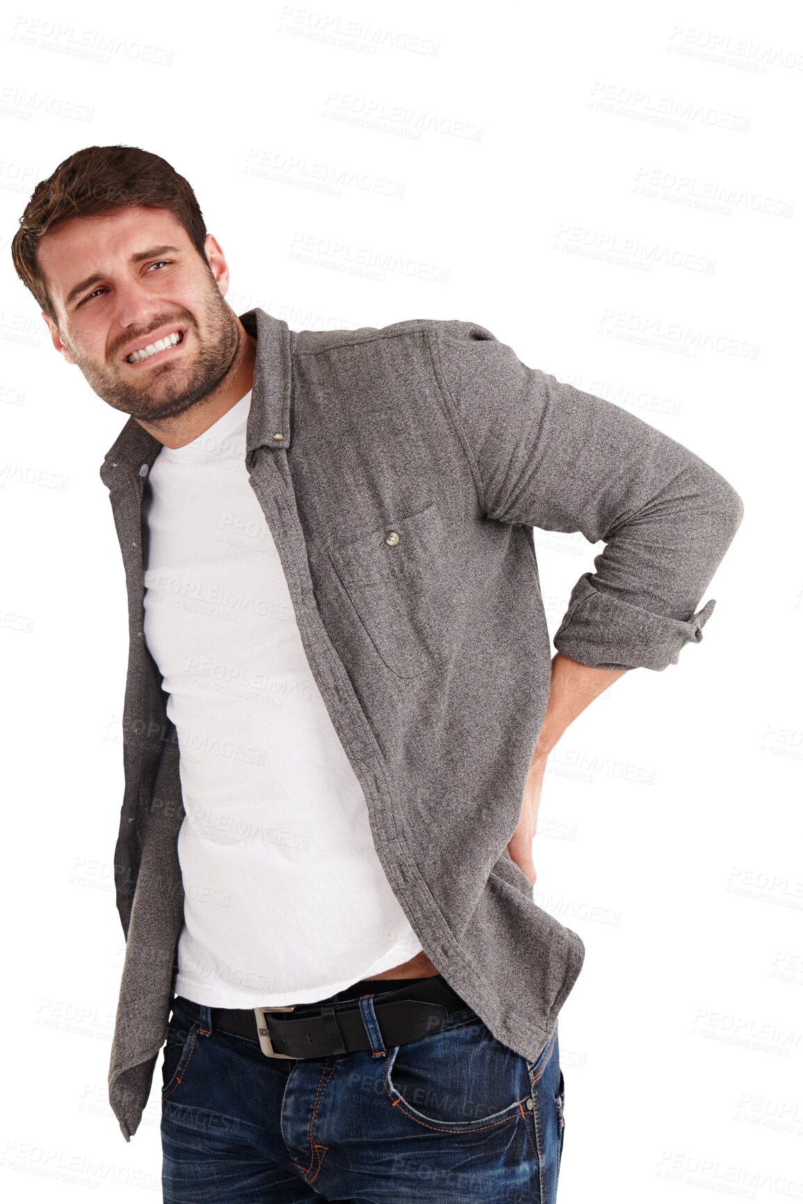 Buy stock photo Man, back and pain of stress, injury and health risk of muscle inflammation isolated on a transparent png background. Uncomfortable male model, spine and worry for bad posture, backache and scoliosis