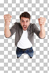 Portrait, scream and above man with angry, fist and stress on isolated, transparent and png background. Anxiety, yell and above guy model with mental health crisis, trauma or frustrated by depression