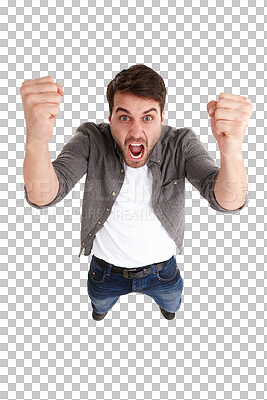 Portrait, scream and above man with angry, fist and stress on isolated, transparent and png background. Anxiety, yell and above guy model with mental health crisis, trauma or frustrated by depression