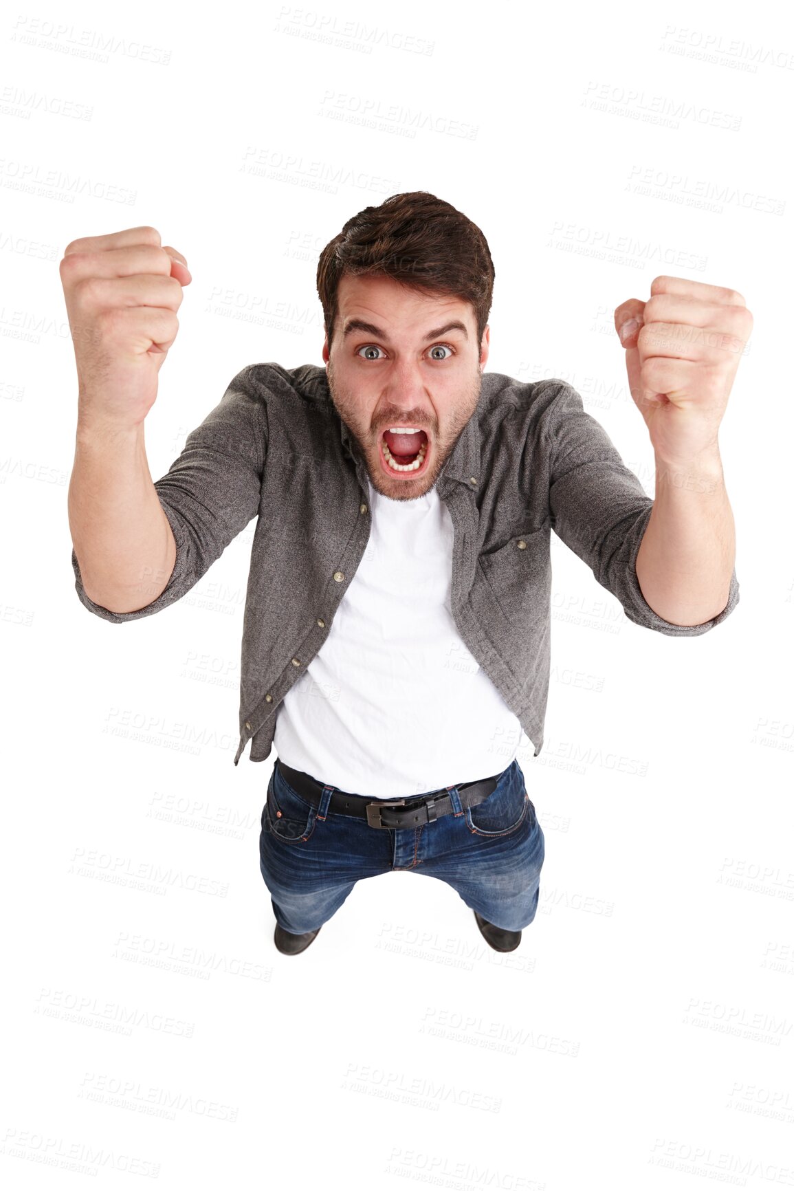 Buy stock photo Portrait, scream and above man with angry, fist and stress on isolated, transparent and png background. Anxiety, yell and above guy model with mental health crisis, trauma or frustrated by depression