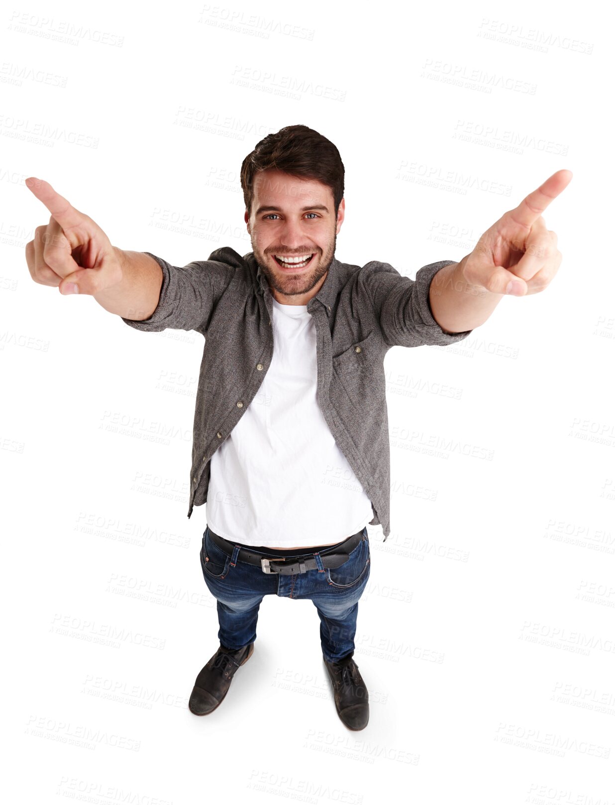 Buy stock photo Man, portrait and pointing with smile to sale and advertising from above with confidence. Promotion, offer and male person from France with up hand sign isolated on a transparent, png background
