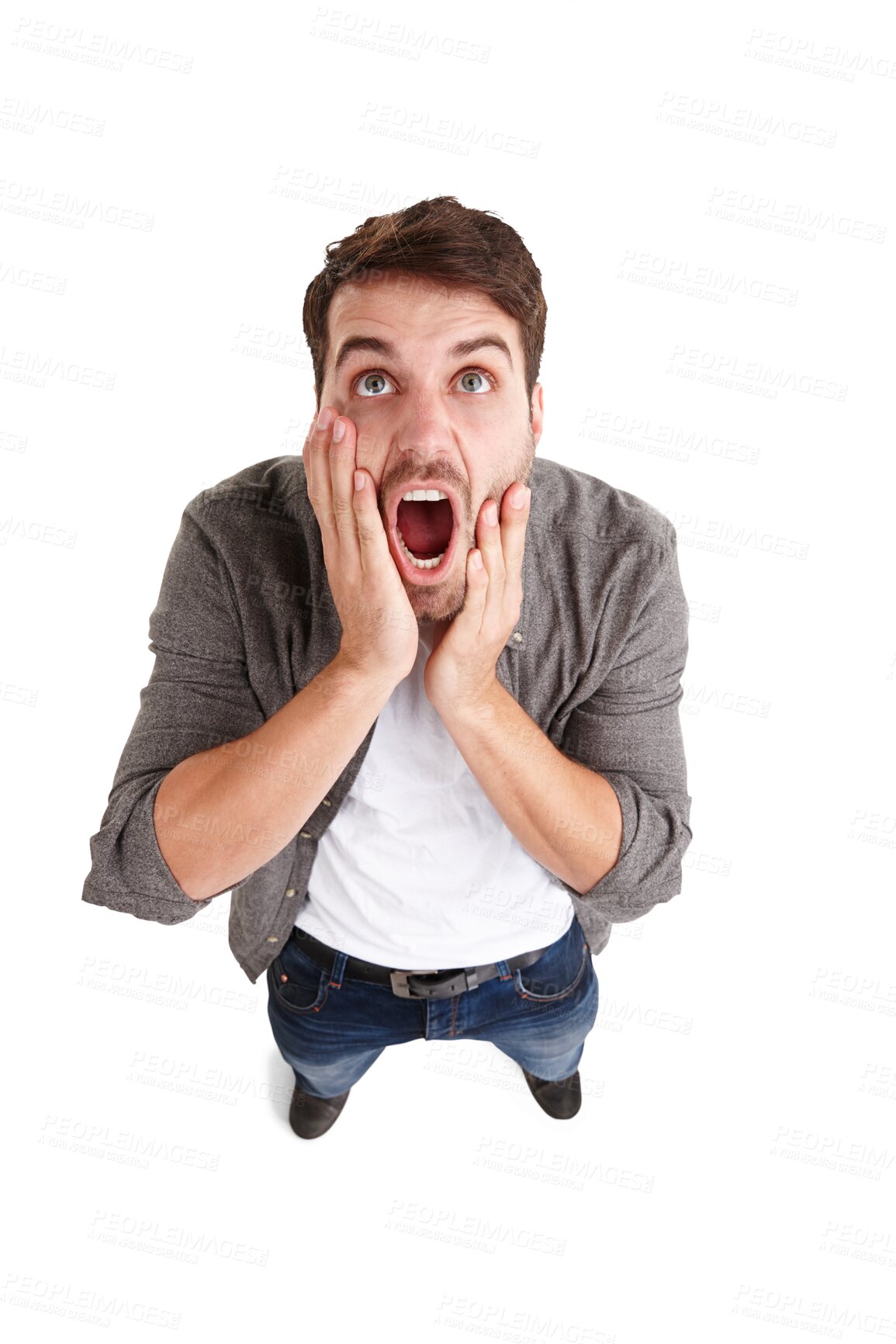 Buy stock photo Surprise, fear and shocked with man and screaming on png for stress, danger and notification. Scared, news and announcement with person isolated on transparent background for risk from above