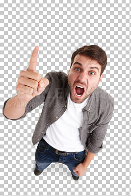 Buy stock photo High angle, angry and portrait of man with finger for issue on isolated, png and transparent background. Upset, warning and mad male person with hand gesture for argument, shouting and screaming 