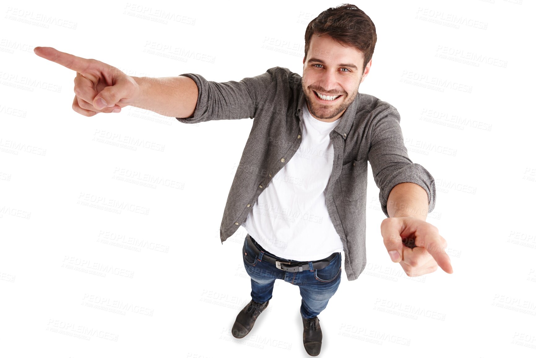 Buy stock photo Man, happy portrait and pointing with smile to sale and advertising from above with confidence. Promotion, offer and male person from France with up hand sign isolated on transparent, png background
