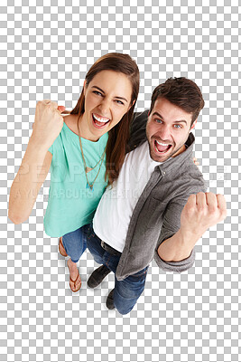 Buy stock photo Happy couple, portrait and fist pump in celebration, winning or bonus promotion isolated on a transparent PNG background. Excited man and woman smile in happiness for victory, success or achievement