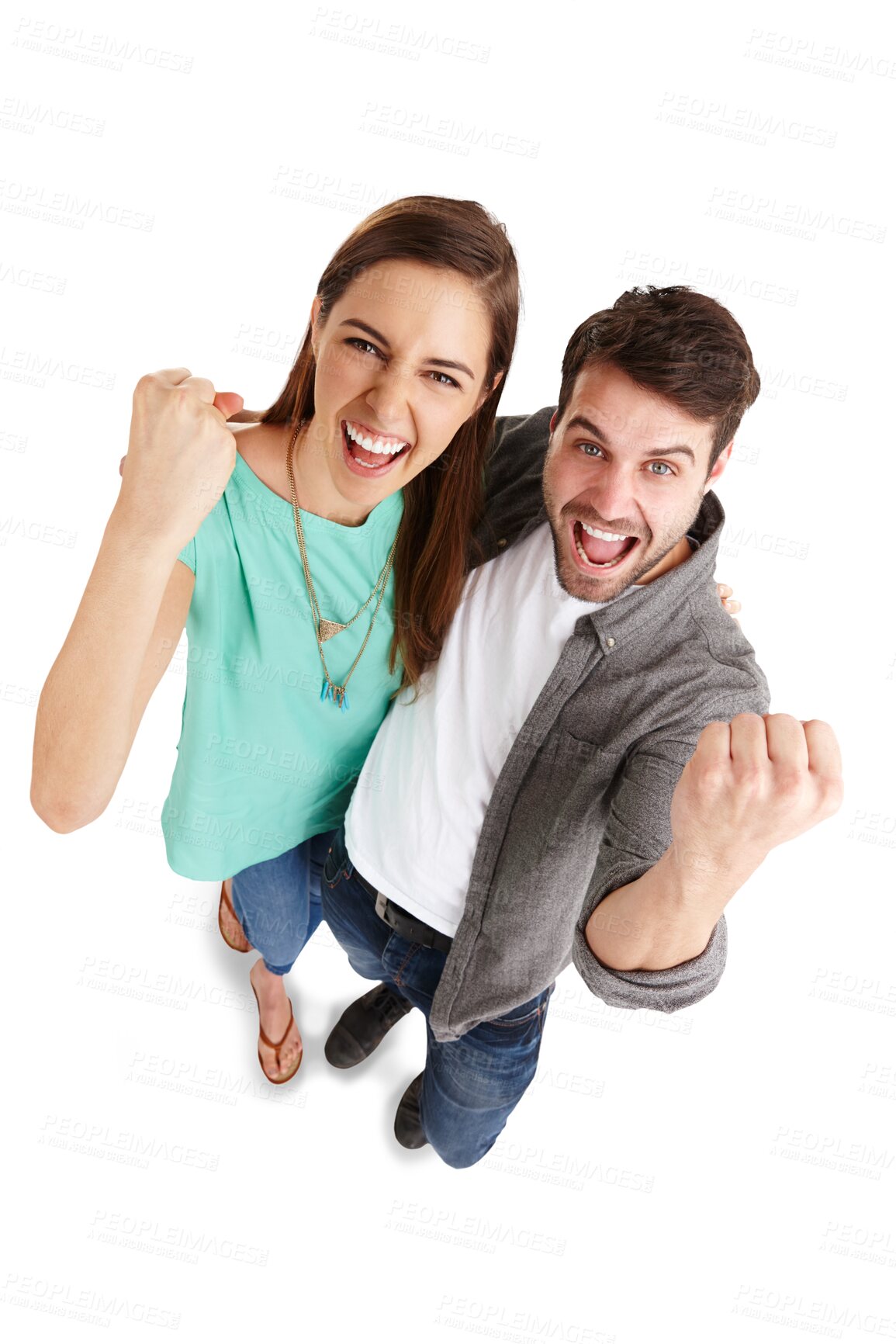 Buy stock photo Happy couple, portrait and fist pump in celebration, winning or bonus promotion isolated on a transparent PNG background. Excited man and woman smile in happiness for victory, success or achievement