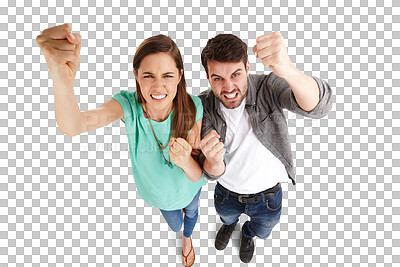 Buy stock photo Couple, fist and fight with anger and conflict in portrait, top view and protest isolated on png transparent background. Frustrated, crisis and fail with man and woman, angry and power with punch