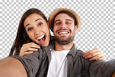 Buy stock photo Couple, face and excited in selfie with happiness, memory and social media post isolated on png transparent background. Happy people, smile in picture and photography, date and romance with partner