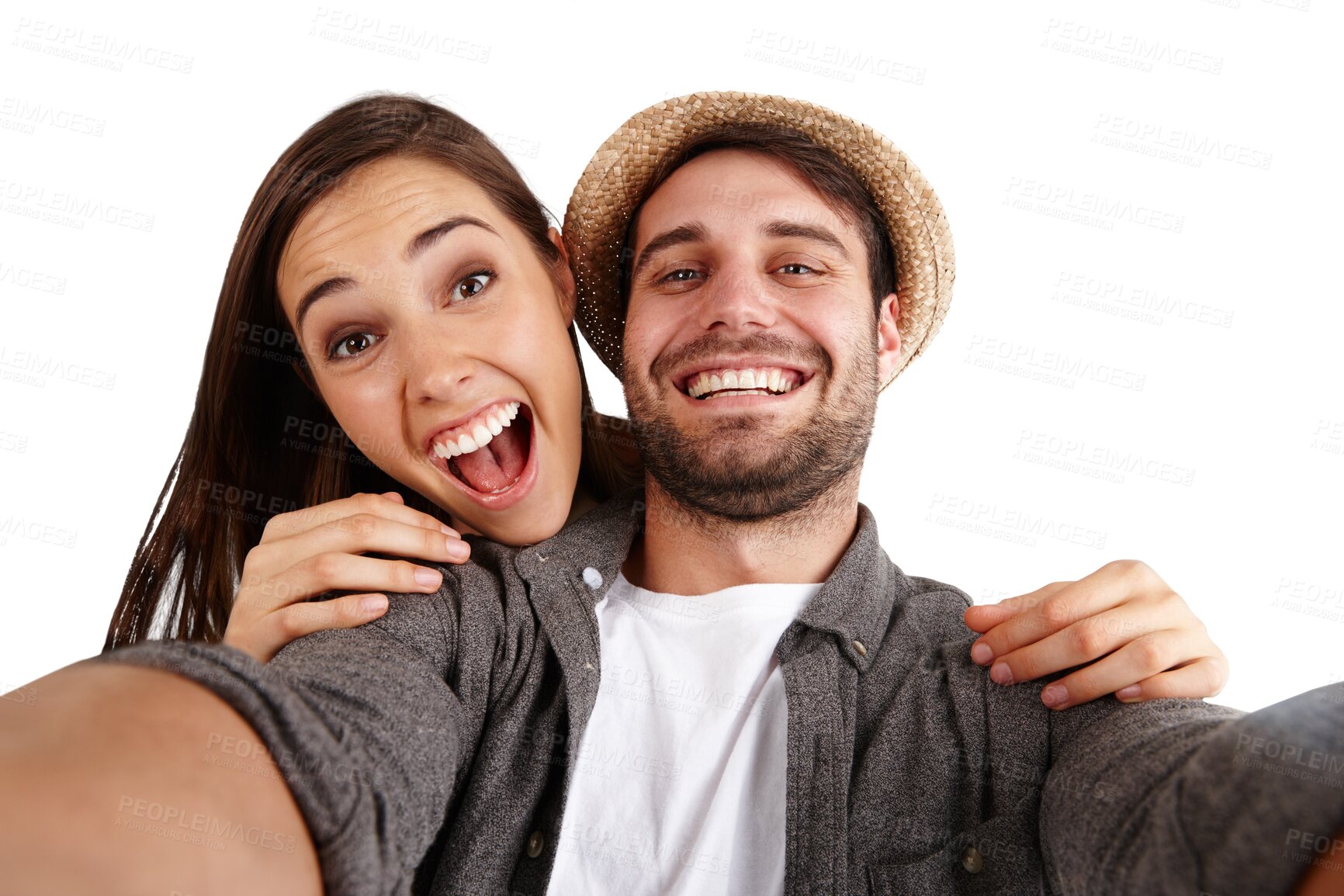 Buy stock photo Couple, face and excited in selfie with happiness, memory and social media post isolated on png transparent background. Happy people, smile in picture and photography, date and romance with partner