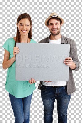 Buy stock photo Blank poster, portrait and happy couple with promotion for advertising and marketing for sale. Board, young people and mockup for announcement and empty sign isolated on transparent, png background
