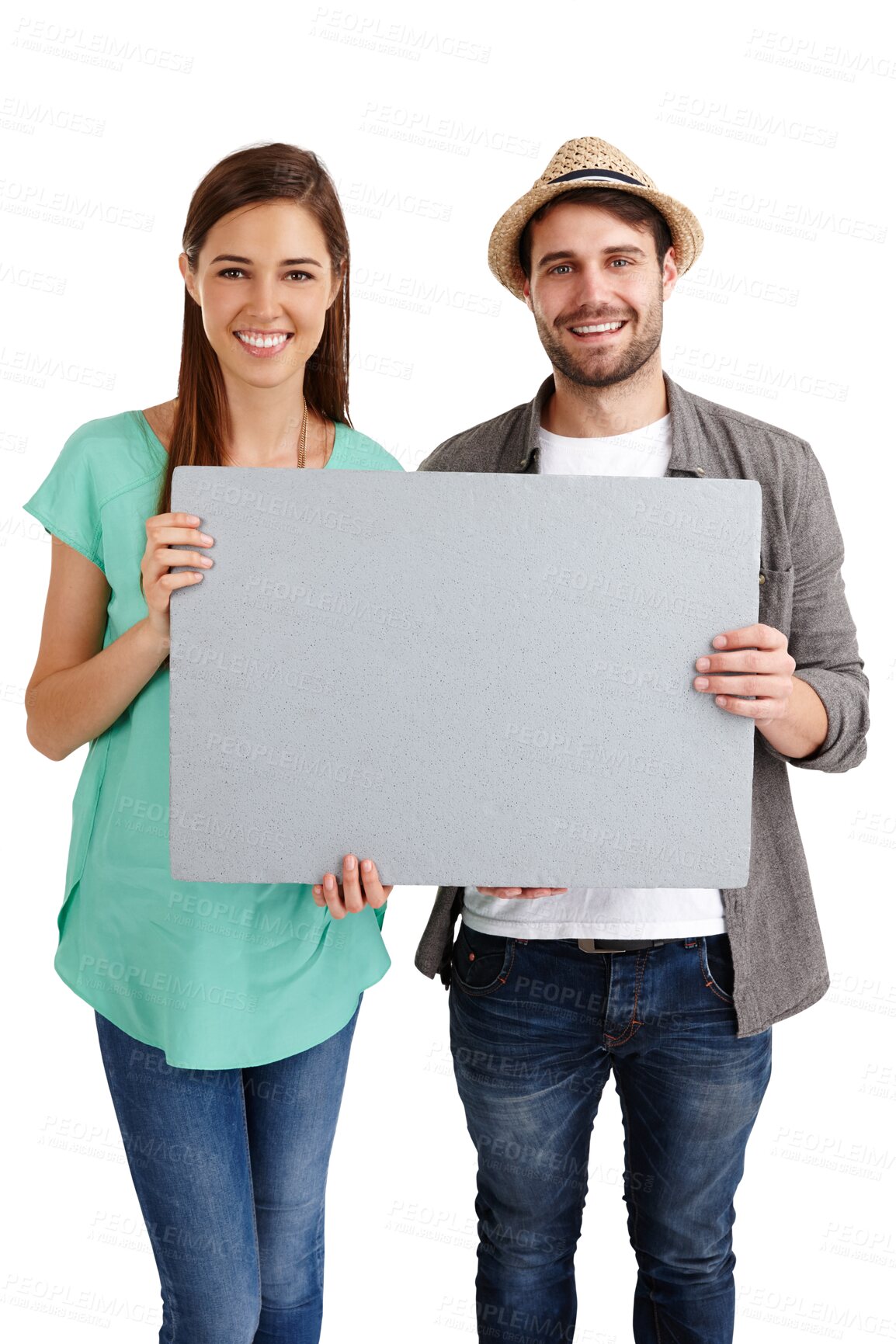 Buy stock photo Blank poster, portrait and happy couple with promotion for advertising and marketing for sale. Board, young people and mockup for announcement and empty sign isolated on transparent, png background
