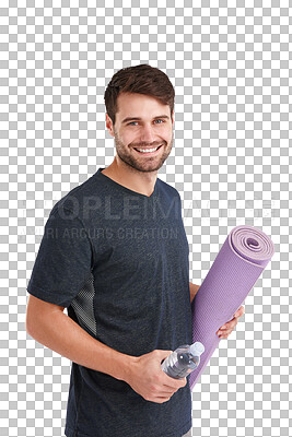 Buy stock photo Man, portrait and yoga mat with water bottle for fitness isolated on transparent png background. Happy male model ready for exercise, sports and pilates for health, hydration drink and gym membership