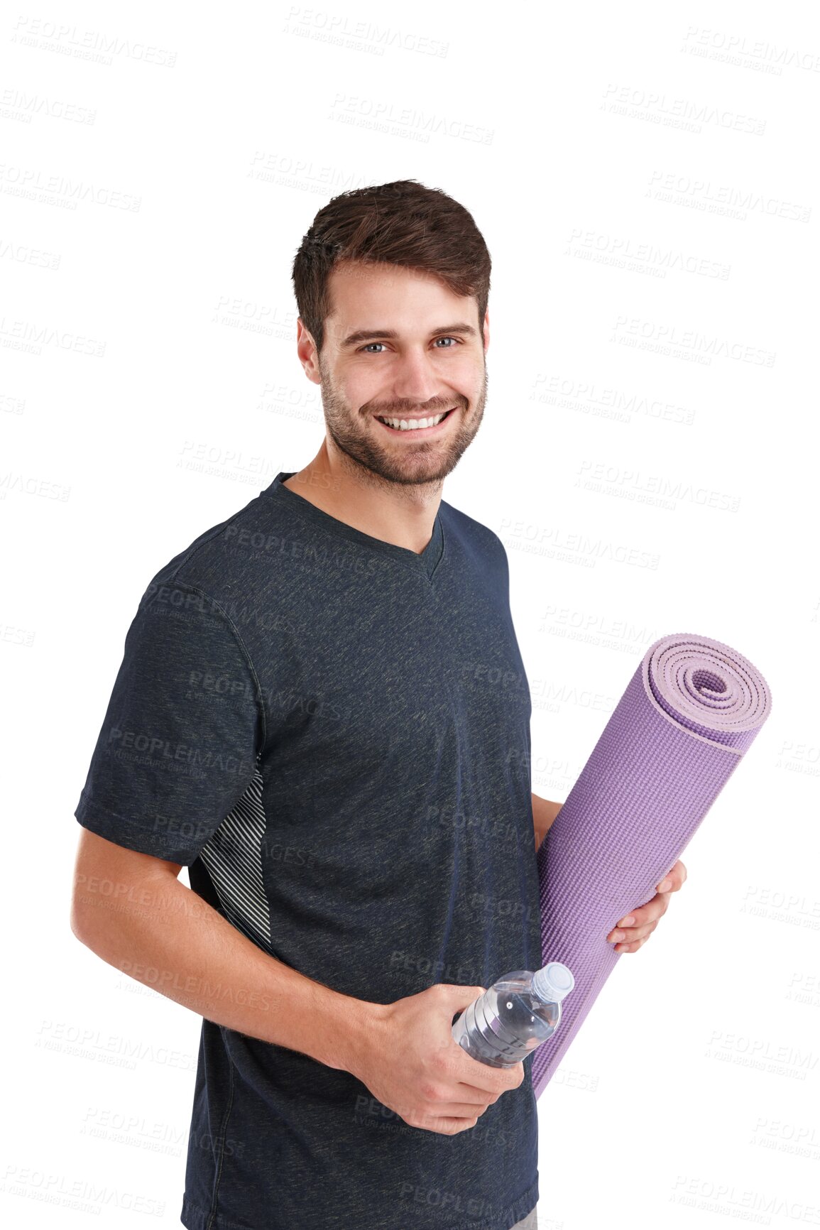 Buy stock photo Man, portrait and yoga mat with water bottle for fitness isolated on transparent png background. Happy male model ready for exercise, sports and pilates for health, hydration drink and gym membership