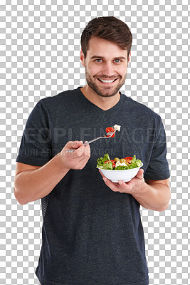 Buy stock photo Man, portrait and eating a healthy salad for nutrition, vegan diet and isolated on transparent png background. Happy male model, bowl of food and detox for wellness benefits, breakfast or lose weight