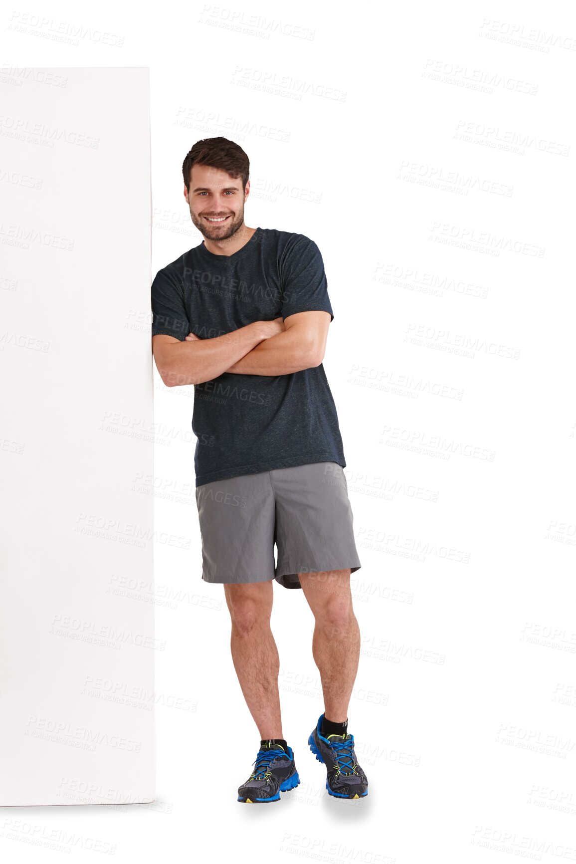Buy stock photo Fitness, man and portrait with arms crossed and wall leaning with smile and workout. Happy, male athlete person and confidence from exercise and training isolated on a transparent, png background
