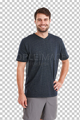 Buy stock photo Happy man, portrait smile and hands on hip standing in casual fashion isolated on a transparent PNG background. Young handsome, attractive or confident male person posing in happiness or satisfaction