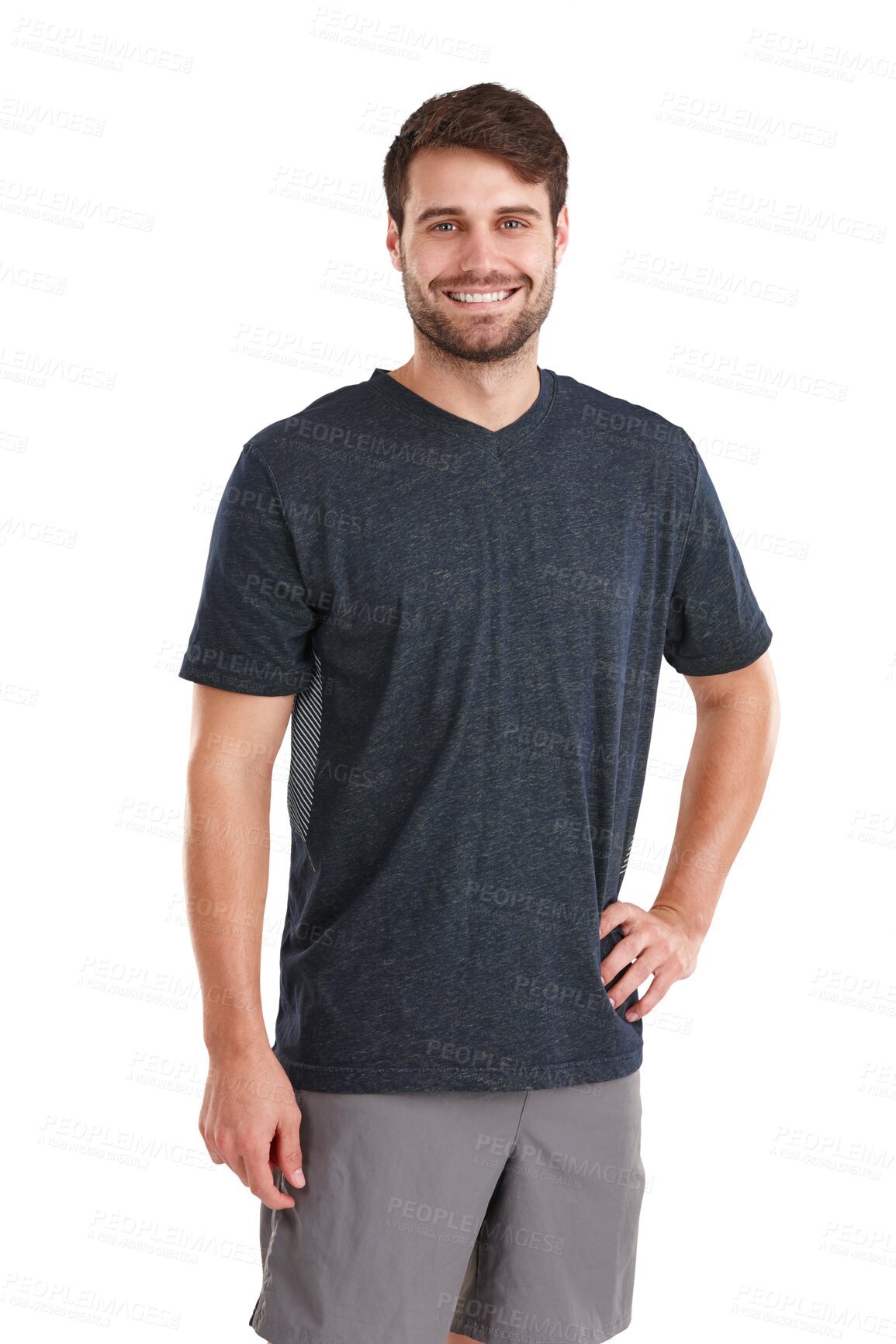 Buy stock photo Happy man, portrait smile and hands on hip standing in casual fashion isolated on a transparent PNG background. Young handsome, attractive or confident male person posing in happiness or satisfaction