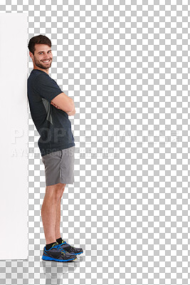 Buy stock photo Fitness, man and wall portrait with arms crossed and leaning with smile and workout. Happy, male athlete person and confidence from exercise and training isolated on a transparent, png background
