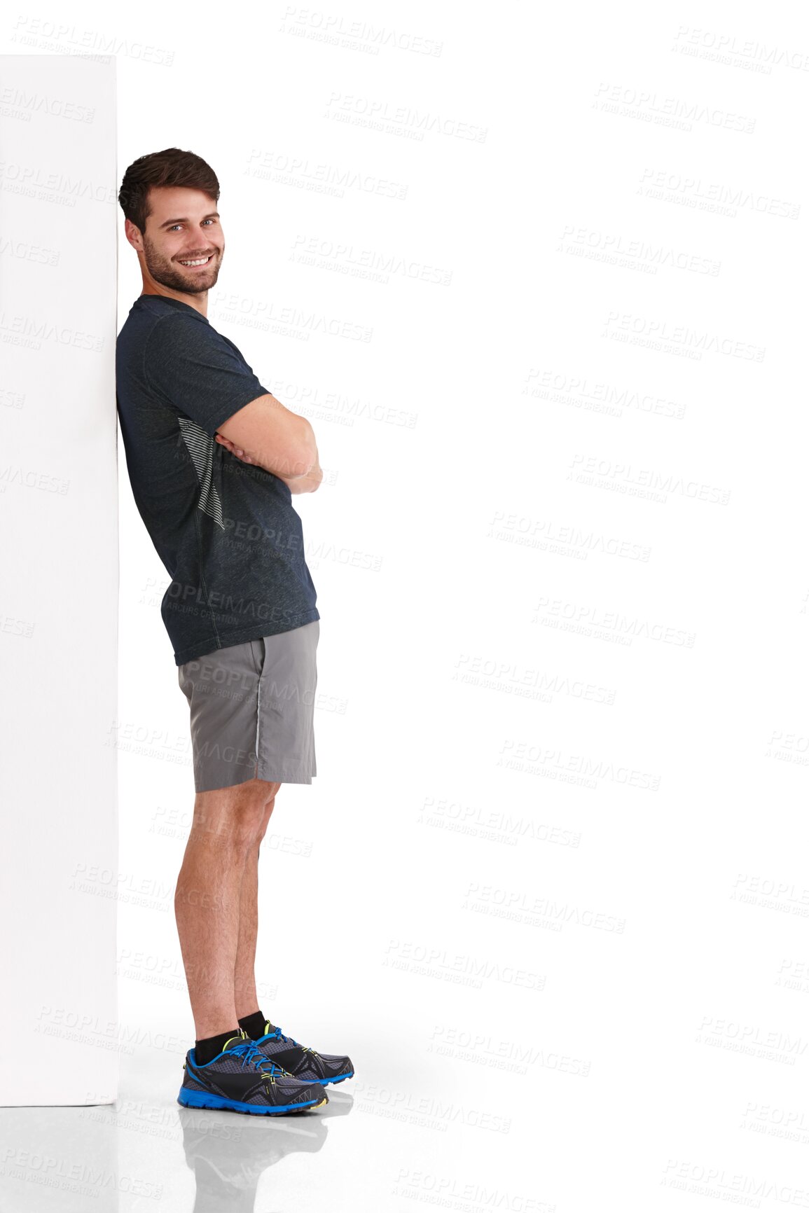 Buy stock photo Fitness, man and wall portrait with arms crossed and leaning with smile and workout. Happy, male athlete person and confidence from exercise and training isolated on a transparent, png background
