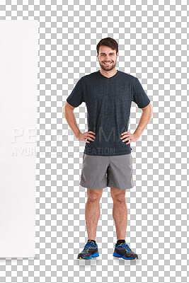 Buy stock photo Man, fitness and portrait, poster mockup and banner with gym promotion isolated on transparent png background. Male athlete, personal trainer and advertising service, information and offer with sign