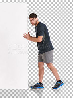 Buy stock photo Man, fitness and moving poster, mockup and banner with gym promotion isolated on transparent png background. Male athlete, personal trainer and advertising service, information and offer with sign