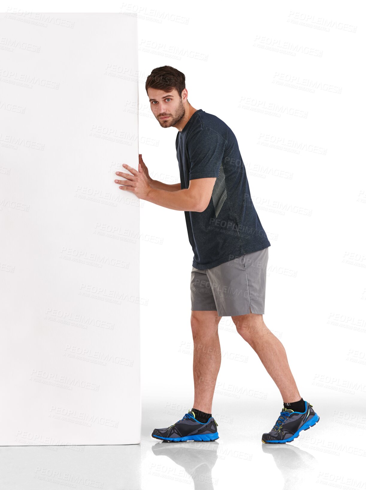 Buy stock photo Man, fitness and moving poster, mockup and banner with gym promotion isolated on transparent png background. Male athlete, personal trainer and advertising service, information and offer with sign