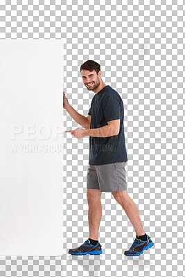 Buy stock photo Poster, man is pointing at billboard and fitness, advertising for gym and portrait isolated on png transparent background. Male athlete, presentation and mockup space with information and about us