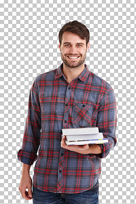 Buy stock photo Man, books and education, portrait and smile with knowledge and learning isolated on transparent png background. Male student, reading material and textbook, information and research with studying