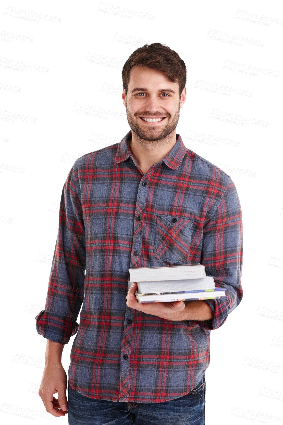 Buy stock photo Man, books and education, portrait and smile with knowledge and learning isolated on transparent png background. Male student, reading material and textbook, information and research with studying