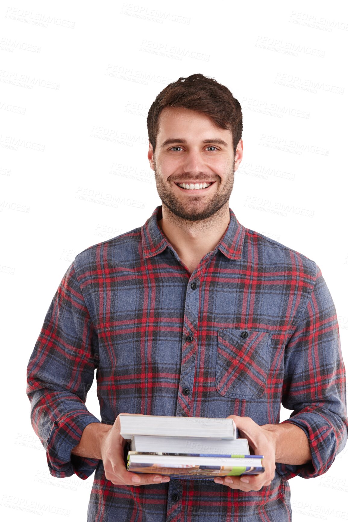 Buy stock photo Man, smile in portrait and books with education, scholarship and knowledge isolated on png transparent background. Reading material, textbook and male student with studying, research and learning