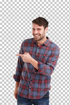 Buy stock photo Man, portrait and smile for pointing to advertising, sales promotion and direction isolated on transparent png background. Happy model show announcement of news, discount offer and review information