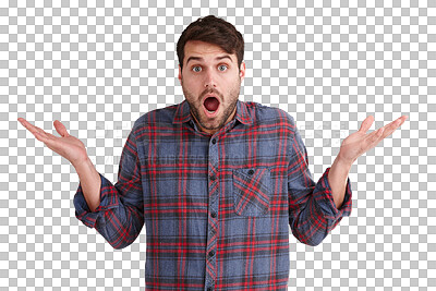 Buy stock photo Portrait, confused and wow man with shrug hands, emoji or questions on isolated, transparent or png background. Why, face and male with dont know gesture, doubt or choice, decision and asking option