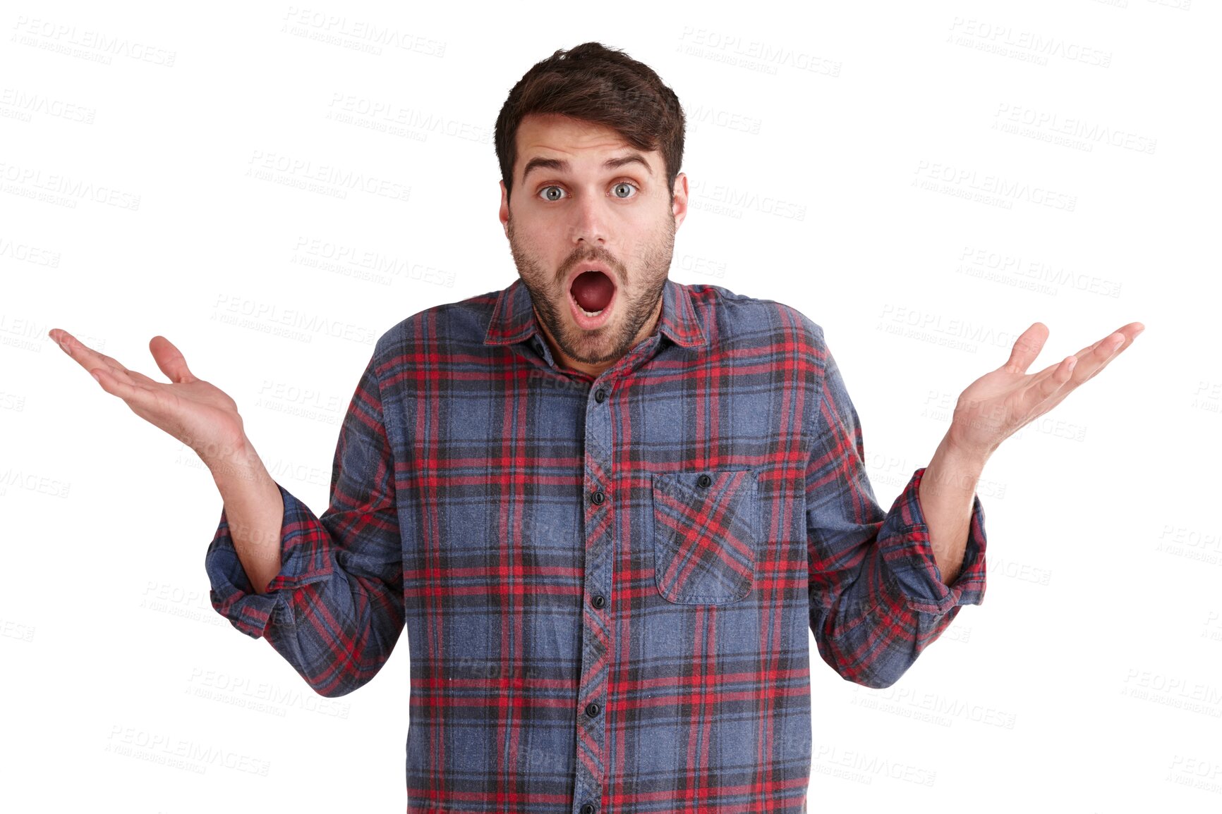 Buy stock photo Portrait, confused and wow man with shrug hands, emoji or questions on isolated, transparent or png background. Why, face and male with dont know gesture, doubt or choice, decision and asking option