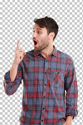 Buy stock photo Surprise, shocked and wow with man and finger on png for news, announcement and discovery. Alert, notification and unexpected with person isolated on transparent background for drama, crazy and hand