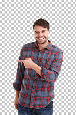 Buy stock photo Portrait, smile and man hand pointing to deal, announcement or info on isolated, transparent and png background. Happy, face and male show sale, discount or coming soon competition prize giveaway