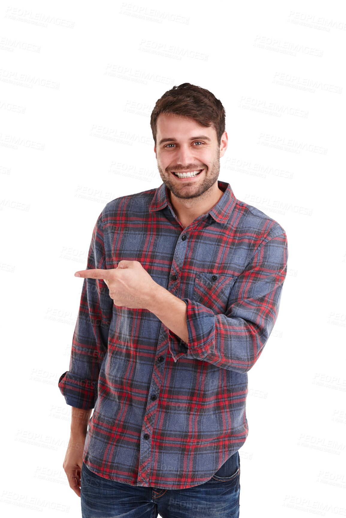 Buy stock photo Portrait, smile and man hand pointing to deal, announcement or info on isolated, transparent and png background. Happy, face and male show sale, discount or coming soon competition prize giveaway