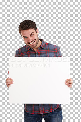 Buy stock photo Happy, man and portrait with mockup, banner and news promo on isolated, transparent and png background. Smile, deal and male model face with space, poster and presentation, sign up or billboard