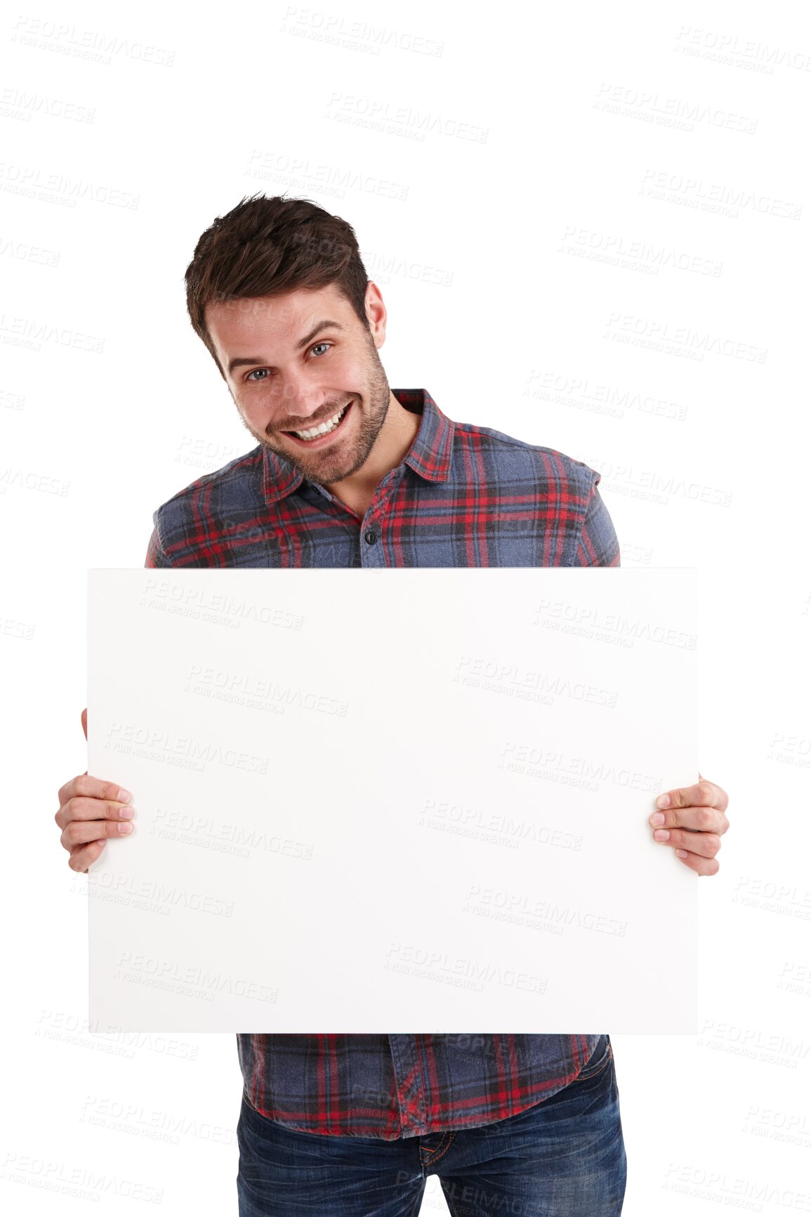 Buy stock photo Happy, man and portrait with mockup, banner and news promo on isolated, transparent and png background. Smile, deal and male model face with space, poster and presentation, sign up or billboard