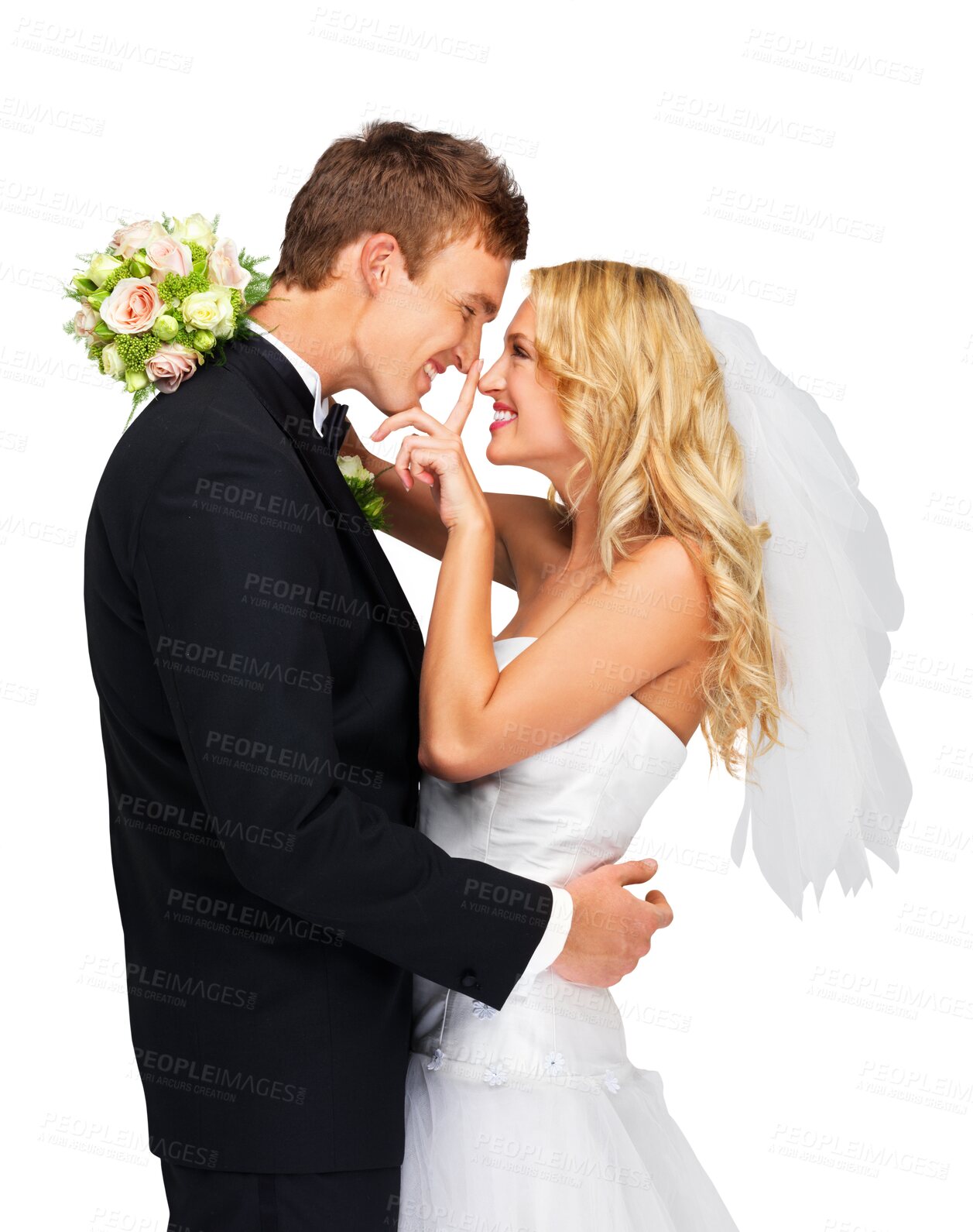 Buy stock photo Wedding, marriage and couple hug for love on isolated, png and transparent background. Event, relationship and happy bride and groom embrace for celebration, ceremony and commitment with flowers