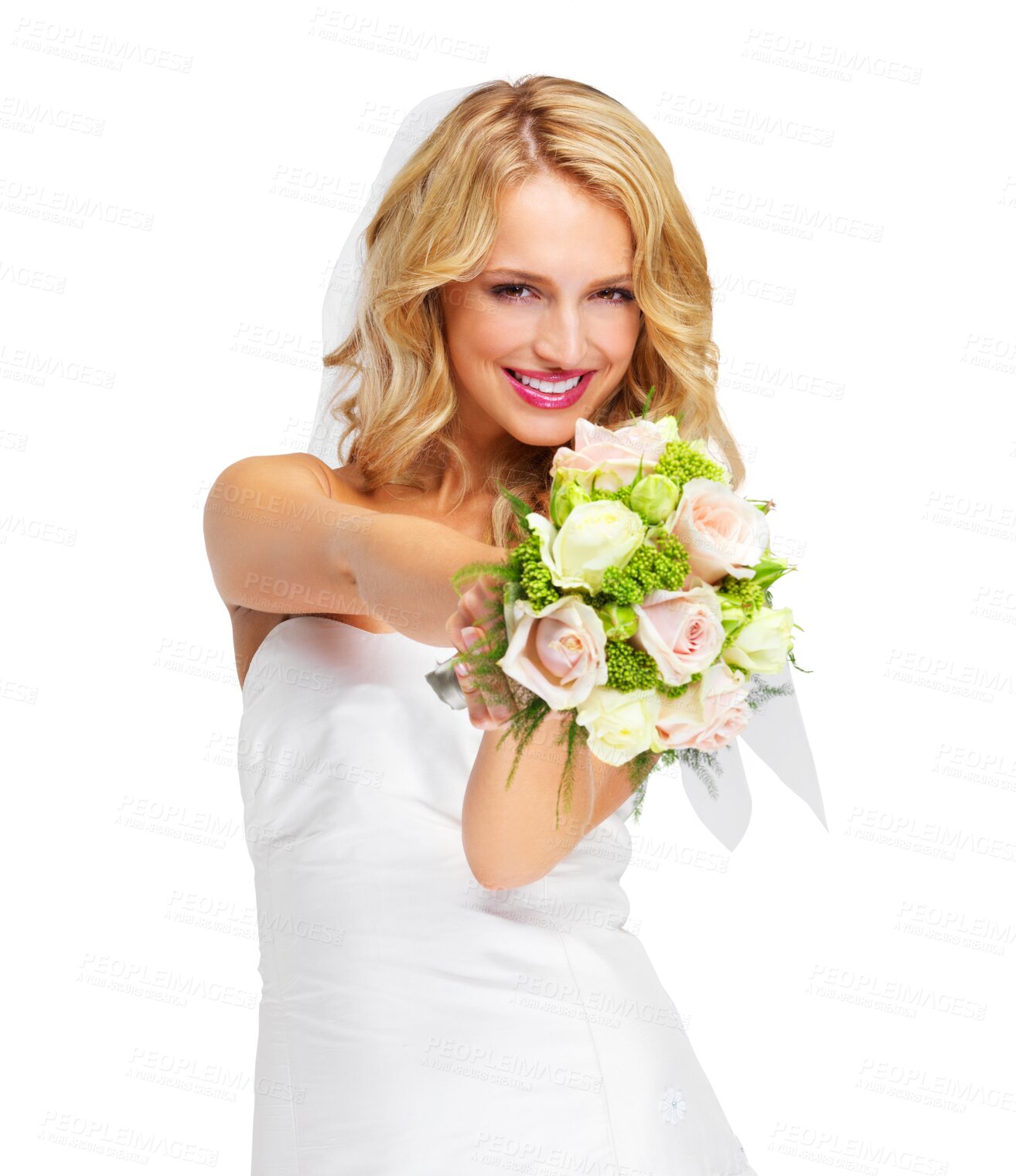 Buy stock photo Wedding, fashion and flowers with portrait of woman on png for beauty, marriage and celebration. Happy, love and roses with bride isolated on transparent background for makeup, cosmetics and event