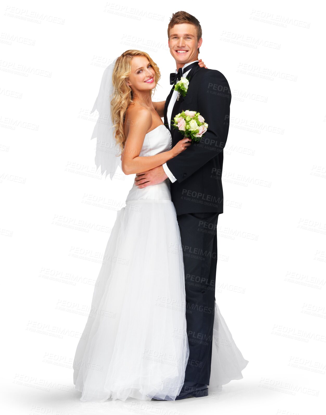 Buy stock photo Wedding, love and portrait of couple for marriage on isolated, png and transparent background. Hug, commitment and happy bride and groom embrace for celebration, ceremony and event with flowers