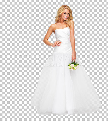 Buy stock photo Wedding dress, fashion and smile with portrait of woman on png for beauty, marriage or celebration. Happy, love and roses with bride isolated on transparent background for makeup, cosmetics and event