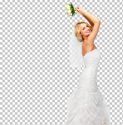 Buy stock photo Wedding, throw and flowers with portrait of woman on png for fashion, marriage and celebration. Happy, love and roses with bride isolated on transparent background for happiness, bouquet and event