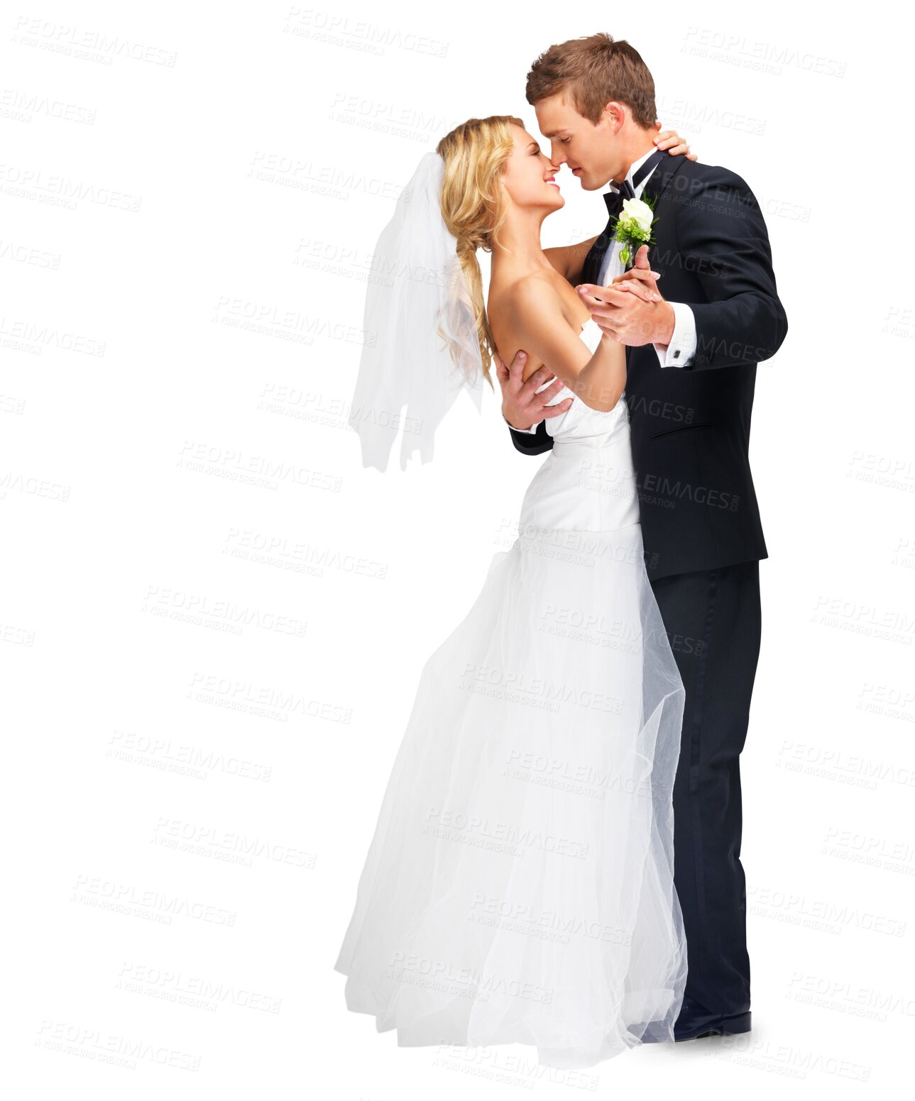 Buy stock photo Wedding, marriage and couple dance for celebration on isolated, png and transparent background. Love, bride and groom and happy man and woman waltz together for romance, ceremony and commitment