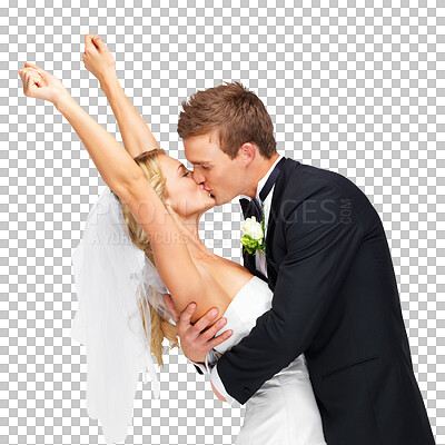 Buy stock photo Wedding, marriage and couple kiss for celebration on isolated, png and transparent background. Love, relationship and excited bride and groom cheering for event, ceremony and commitment for romance