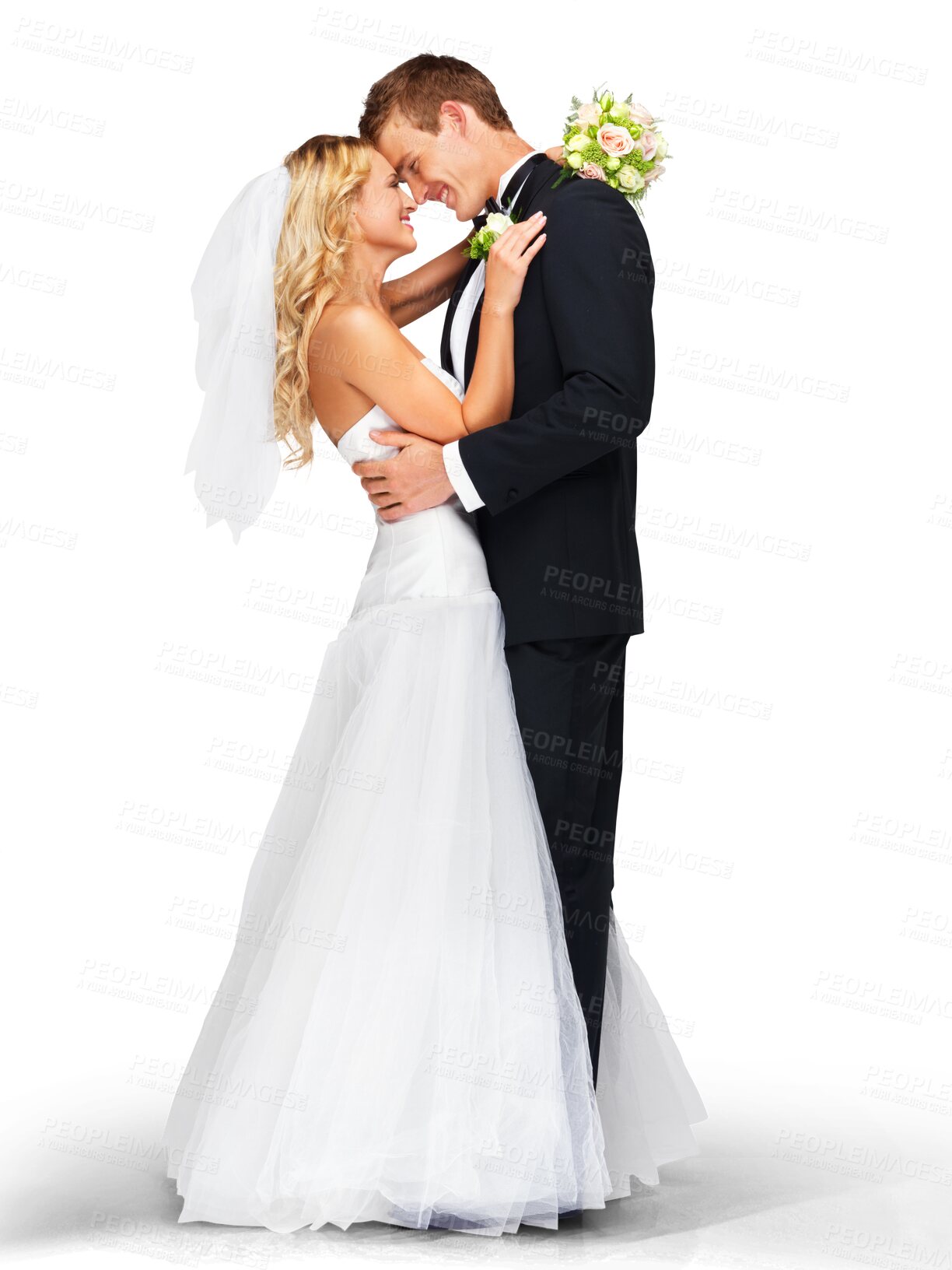 Buy stock photo Wedding, marriage and man and woman for love on isolated, png and transparent background. Love, relationship and happy bride and groom embrace for celebration, ceremony and commitment with flowers