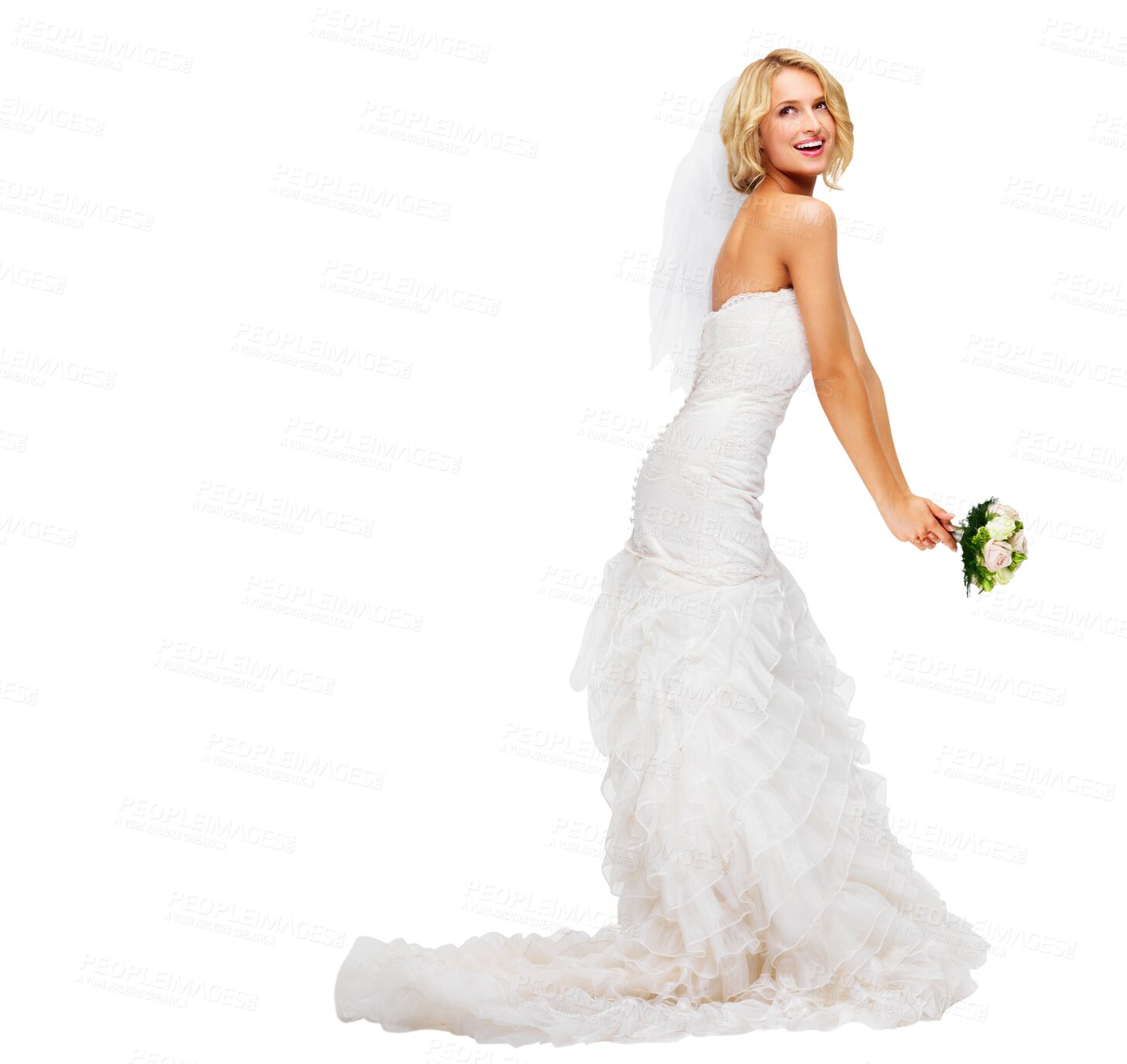 Buy stock photo Bride, throw and happy with woman and bouquet on png for wedding, marriage and celebration. Smile, love and roses with person isolated on transparent background for makeup, cosmetics and event