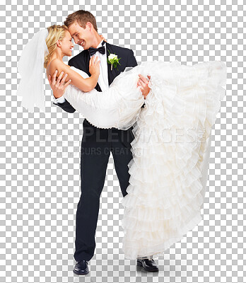 Buy stock photo Bride, groom and marriage, couple and love with commitment and trust isolated on png transparent background. Man carrying woman, life partner and event, romance and wedding, happiness and embrace